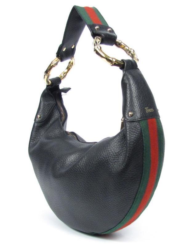 Gucci Black Pebbled Leather Green Red Stripe Canvas Hobo Bag Bamboo Hardware | eBay