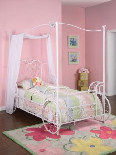 Shabby Chic White w/Pink Twin Metal Carriage Canopy Bed