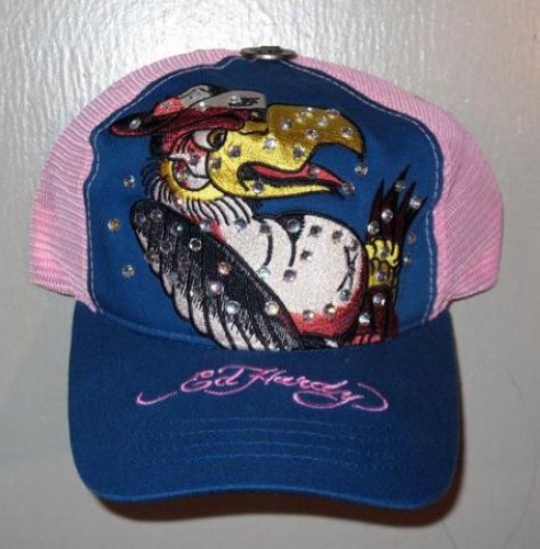 NEW Ed Hardy Rhinestone Trucker Hat Jeckle Blue & Pink
