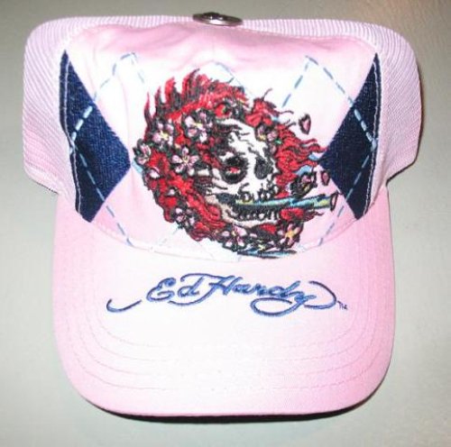 NEW Ed Hardy Trucker Hat Flaming Skull Pink