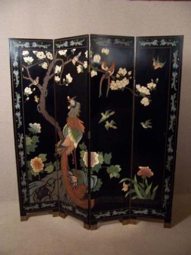 Oriental Black Painted Wood 4 Fold Screen Room Divider