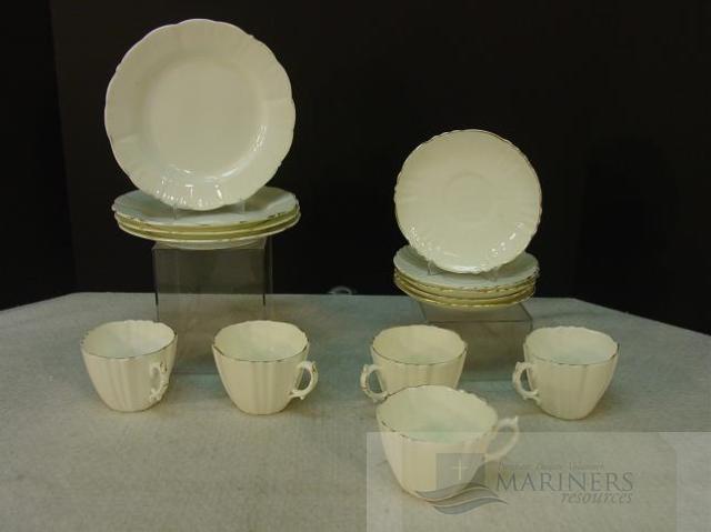 14 pc MOORE English CHINA Tea Cup/Dish Set IVORY & GOLD