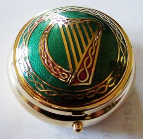Enamelware Pill Box: Green, Gold, Red Irish Harp