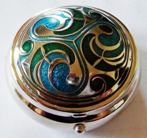 Enamelware Pill Box: Green, Aqua, Silver Celt Symbols
