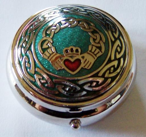 Enamelware Pill Box: Silver, Red, Aqua Claddagh