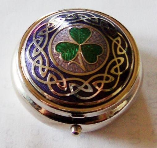 Enamelware Pill Box: Blue, Silver, Green Shamrock