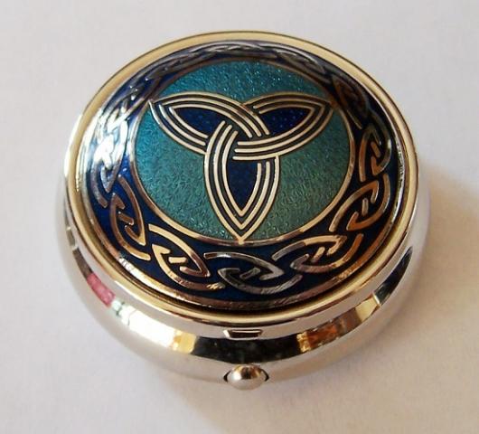 Enamelware Pill Box: Blue, Aqua, Silver Trinity Knot