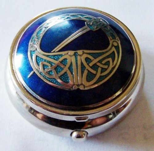 Enamelware Pill Box: Blue, Aqua, Silver Tara Brooch