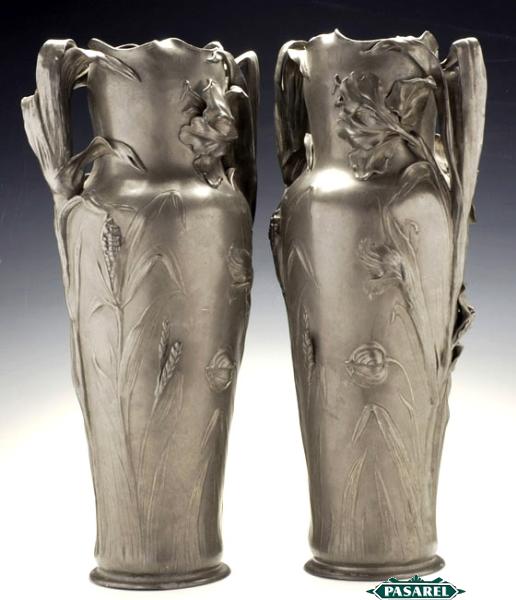 Art Nouveau Pair Of Pewter Vases JR Hannig Germany 1900
