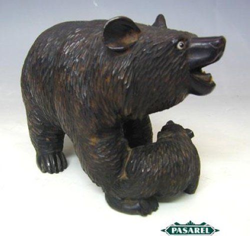 Antique Black Forest Hand Carved Wood Mother Bear & Cub