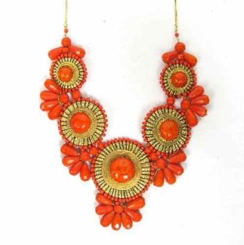  Metal Bib Necklace XL Pick Turquoise or Orange Beads Medallion  