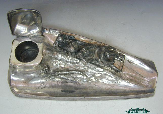 Art Nouveau Kayser German Pewter Bobsleigh Inkwell 1900  