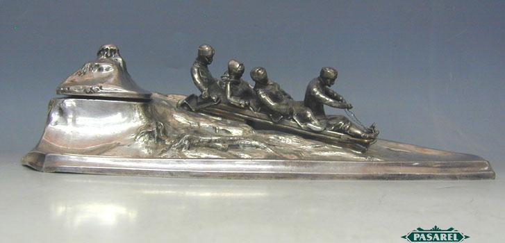 Art Nouveau Kayser German Pewter Bobsleigh Inkwell 1900  